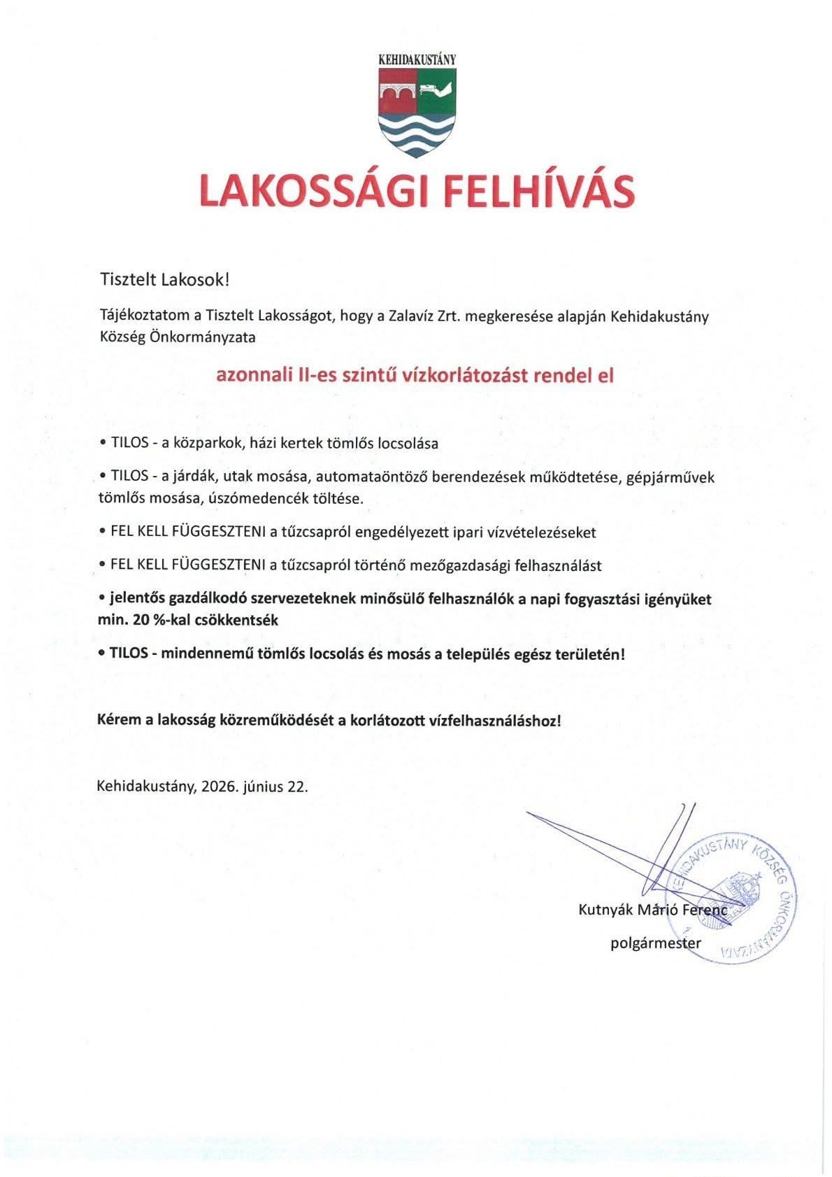 Kehidakustány Önkormányzatának Lakossági Felhívása